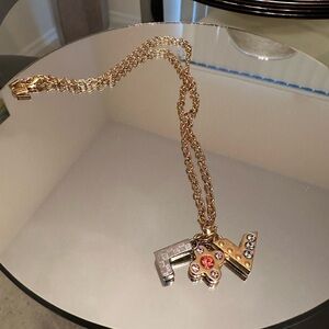 SOLD! Louis Vuitton Pandantiff Love Letters Chain Rhinestone Gold Metal Necklace